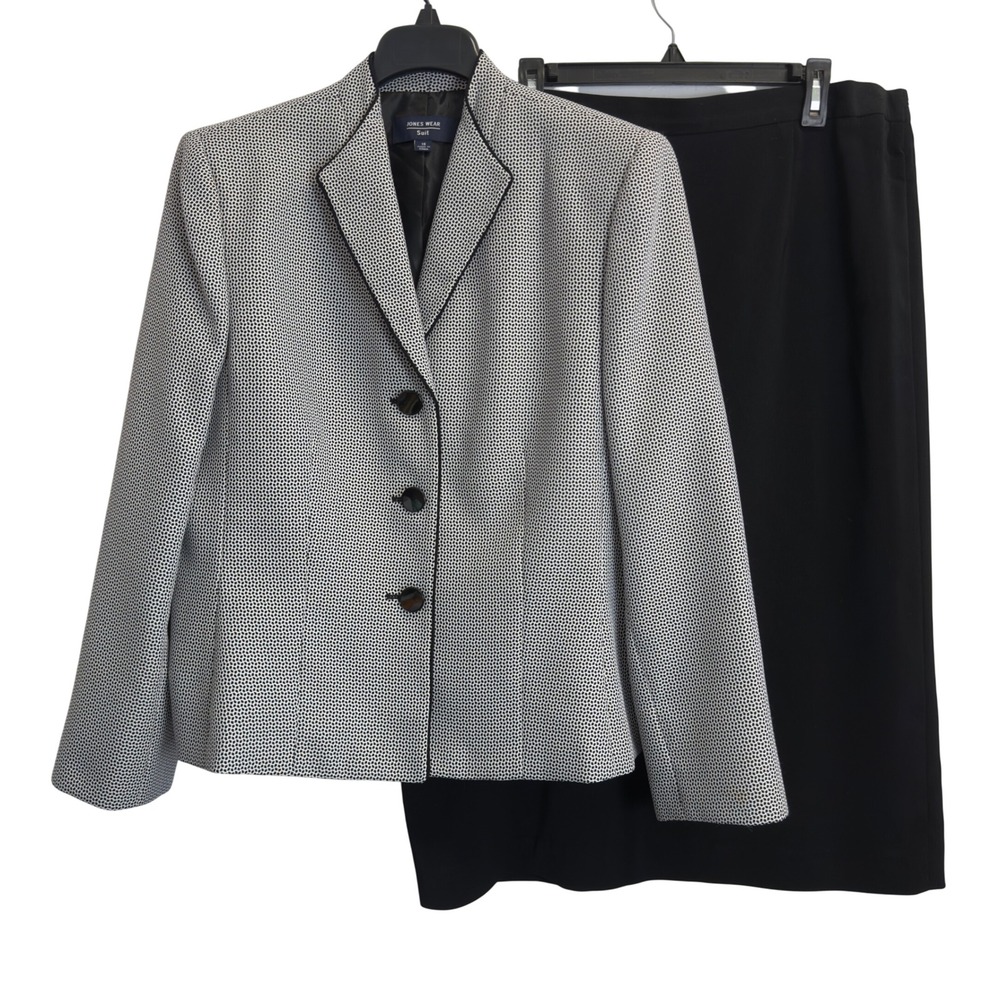 Jones Wear Suit Blazer Skirt Set Womens 18 Black White Geometric Professional